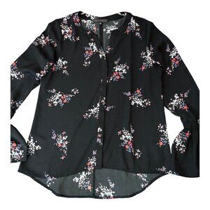 SANCTUARY Women's Black Floral Bell Sleeve Split Back Blouse Sz M